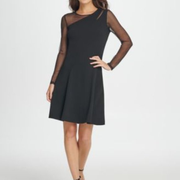 DKNY Mesh Combo Fit Flare Dress, Black - sz 6 - Picture 1 of 5